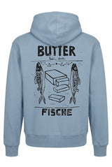 Damen Half-Zip Hoodie in Blue Dusk mit großem „Butter bei die Fische“-Rückenprint