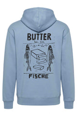 Unisex Hoodie in Blue Dusk mit großem „Butter bei die Fische“-Rückenprint