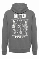 Unisex Hoodie in Stone Washed Grey mit großem „Butter bei die Fische“-Rückenprint